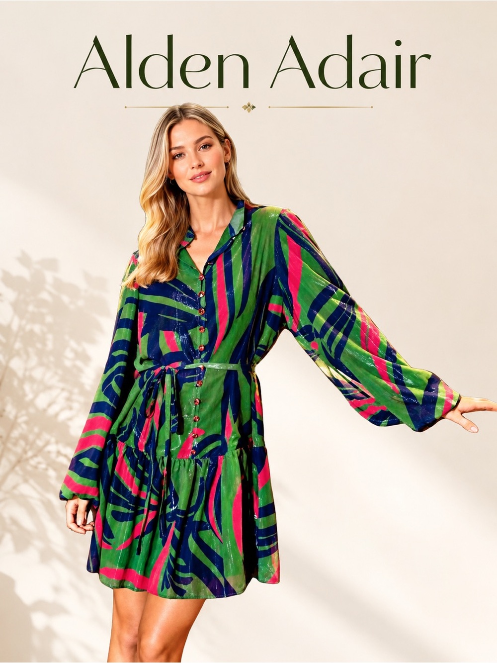 NWT •Alden Adair “Adele” Mini Dress — Puff Sleeve Belted • Tropical Print • Sz S